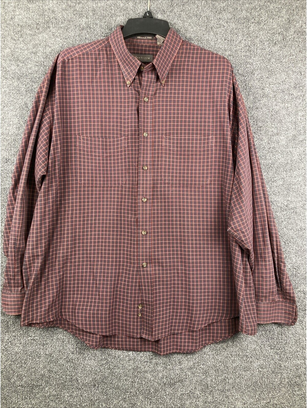 Van Heusen Men Sze XL Red & Navy Plaid Button Wrinkle Free L/S Dress Shirt EUC